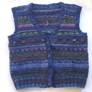 HANDMADE HANDKNIT SWEATER VEST BUTTON UP BLUE PURPLE GREEN TEXTURED SMALL
